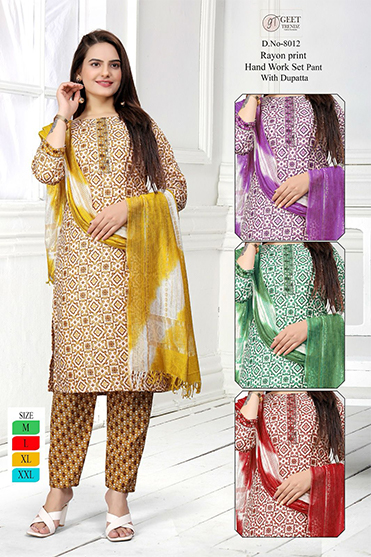 Rayon Print Hand Work Set With Dupatta